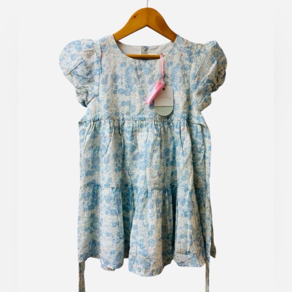 SweetHoney Blue Floral Eyelet Puff Sleeve Dress